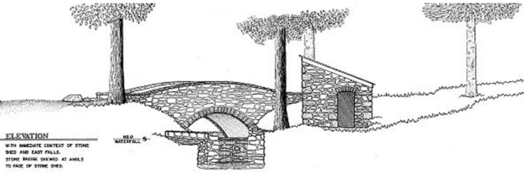 Black and white sketch of the shed and bridge.