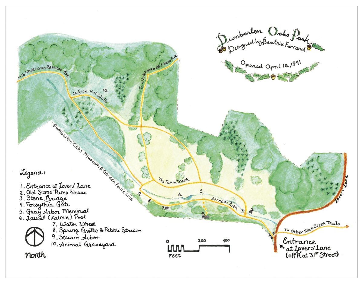 Illustrated trail map of Dumbarton Oaks Park showing the major features.